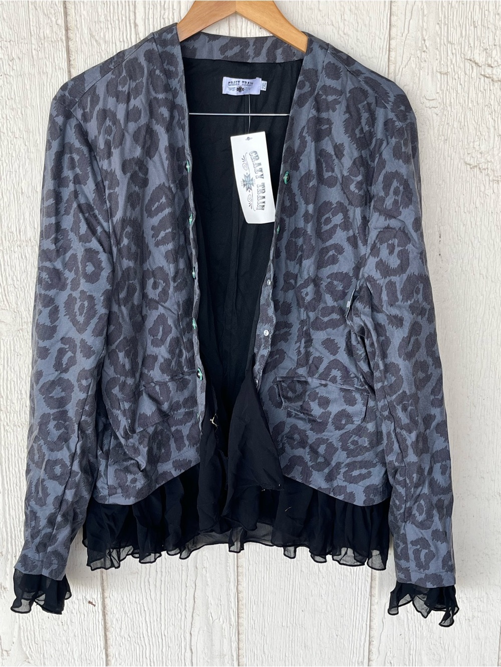 Crazy Train Gray Leopard Print Open Front Jacket with Ruffle Hem